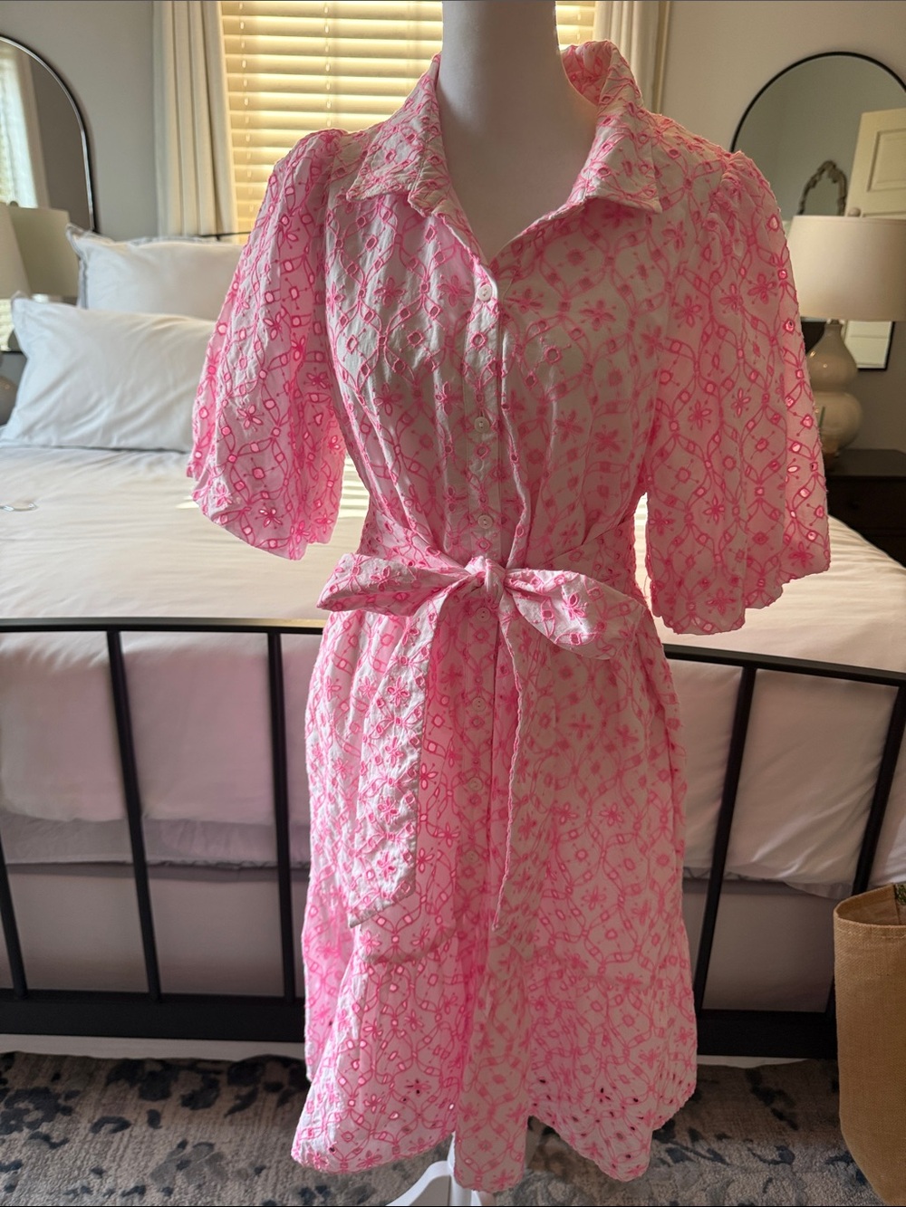 Lilly Pulitzer Cartley  Pink Eyelet Tie-Waist Shirt Dress